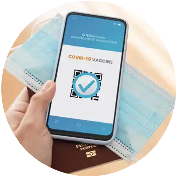 A light-skinned hand holds a face mask and a mobile phone showing a digital Covid-19 vaccine record.